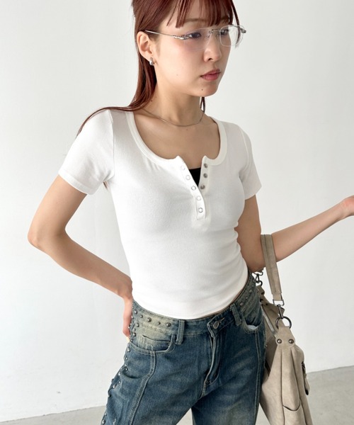 ヘンリーネック Tシャツ 5色 スナップボタン ポケット nr9786 UNE MANSION tシャツ 「UNE ORIGINAL」ヘンリーネックシルバー