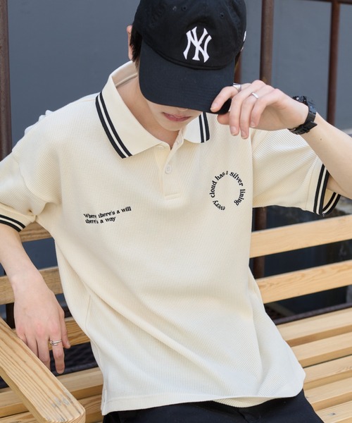 WEGO（ウィゴー）の「WEGO/【25年春夏新作】ワッフルラインポロ（ポロシャツ・メンズ・オフホワイト/ブラック/ネイビー・MEDIUM/LARGE）」の2枚目の写真
