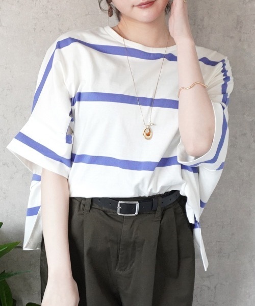 SELECT LEVERY(セレクトリベリー)の「ボーダードルマンTシャツ(Tシャツ/カットソー・レディース・ブルー/オフホワイト/グレー/ブラック・MEDIUM)」の4枚目の写真