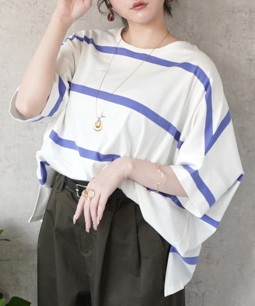 SELECT LEVERY(セレクトリベリー)の「ボーダードルマンTシャツ(Tシャツ/カットソー・レディース・ブルー/オフホワイト/グレー/ブラック・MEDIUM)」の18枚目の写真
