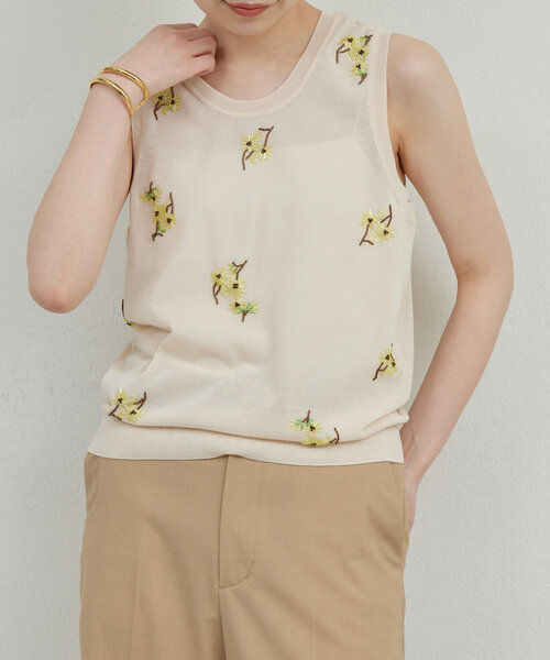 セール】【HERITANOVUM】シアーエンブロイダリーノースリーブニット  