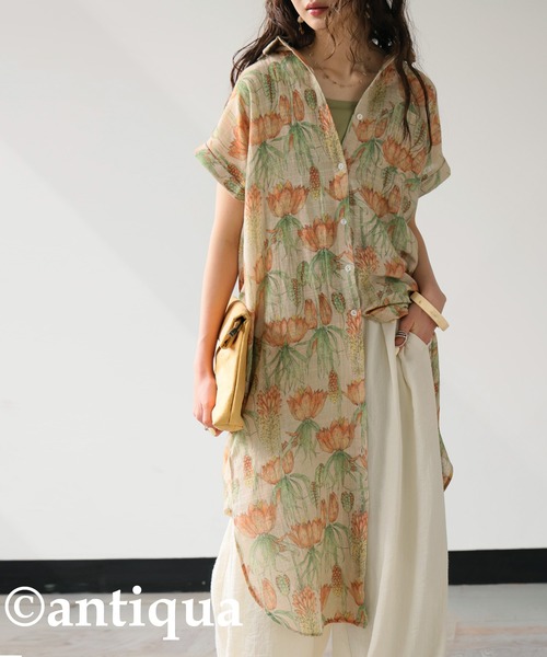 antiqua(アンティカ)の「花柄シャツワンピース(シャツワンピース・レディース・ベージュ系その他/ブラックミックス・ONESIZE)」の1枚目の写真