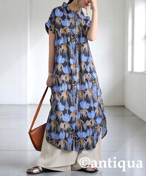 antiqua patterntorso アンティカレトロシャツワンピース　花柄 レトロ花柄ワンピース（シャツワンピース）｜antiqua