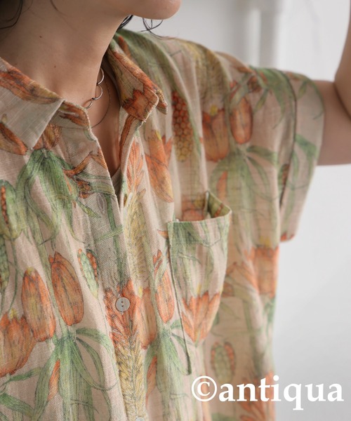 花柄 半袖 シャツワンピース ミドル丈 花柄シャツワンピース（シャツワンピース）｜antiqua