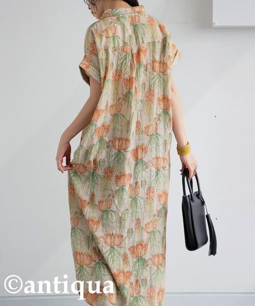 花柄 半袖 シャツワンピース ミドル丈 花柄シャツワンピース（シャツワンピース）｜antiqua