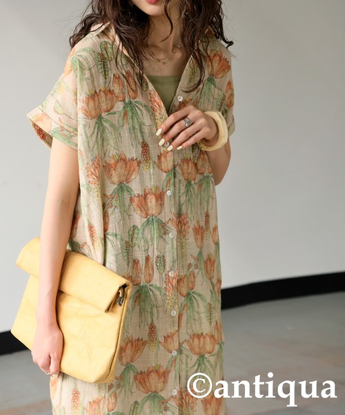 花柄 半袖 シャツワンピース ミドル丈 花柄シャツワンピース（シャツワンピース）｜antiqua