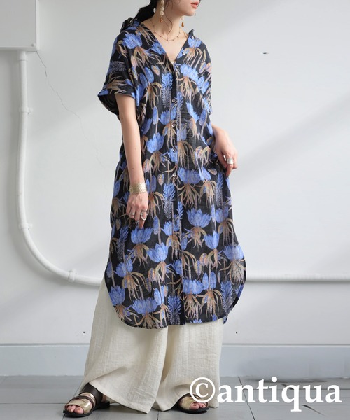 【antiqua】ボタニカル柄シャツワンピース　インド綿 antiqua シャツワンピース ボタニカル柄シャツワンピース