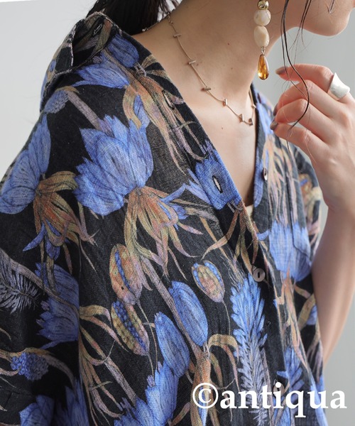 花柄 半袖 シャツワンピース ミドル丈 花柄シャツワンピース（シャツワンピース）｜antiqua