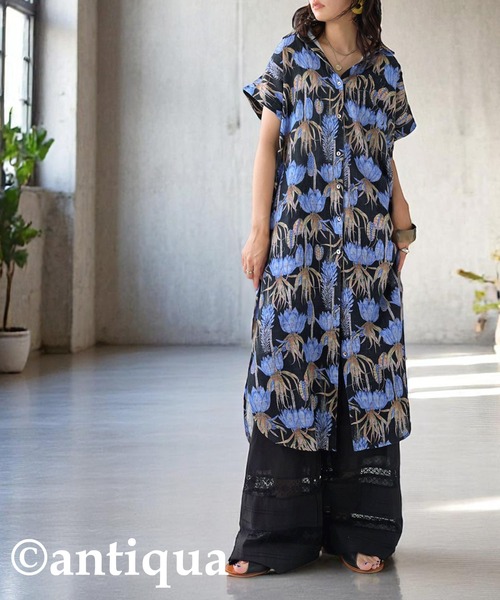 花柄 半袖 シャツワンピース ミドル丈 花柄シャツワンピース（シャツワンピース）｜antiqua