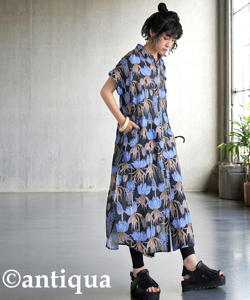花柄 半袖 シャツワンピース ミドル丈 花柄シャツワンピース（シャツワンピース）｜antiqua
