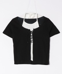 フェイクレイヤードレースアップTシャツ