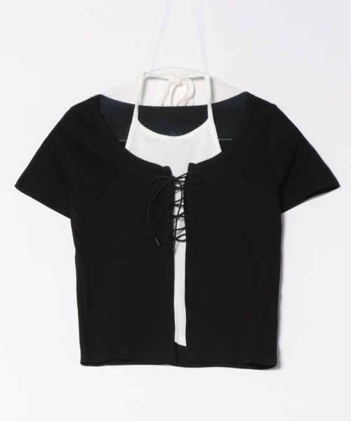 DIAVEL（ディアベル）の「フェイクレイヤードレースアップTシャツ（Tシャツ/カットソー・レディース・ダークグレー/ホワイト/ブラック/レッド・M）」の2枚目の写真