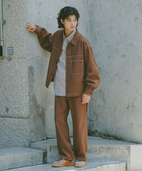 セール】配色ステッチ/ワイドワークパンツ【セットアップ対応