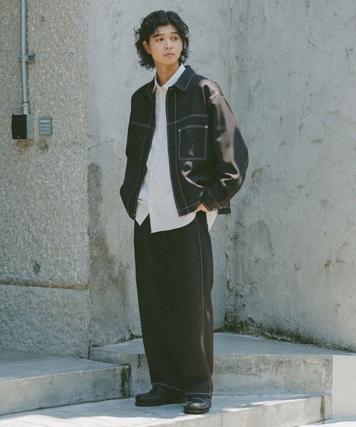 セール】配色ステッチ/ワイドワークパンツ【セットアップ対応