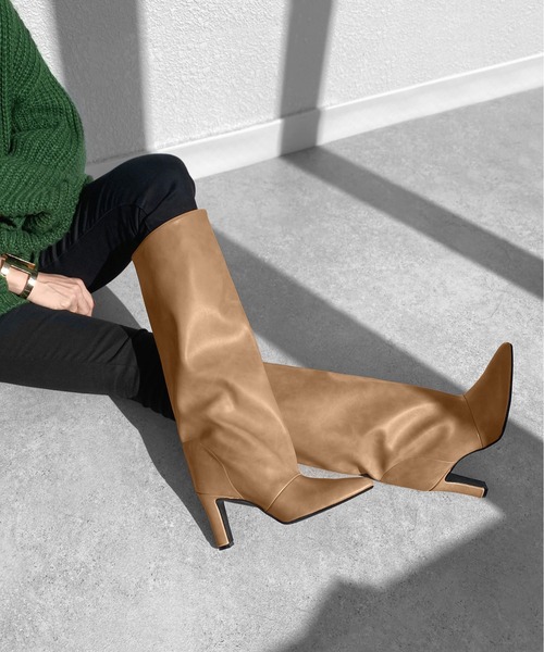 セール】ポインテッドトゥ ワイドシャフト ロングブーツ (8.0cmヒール