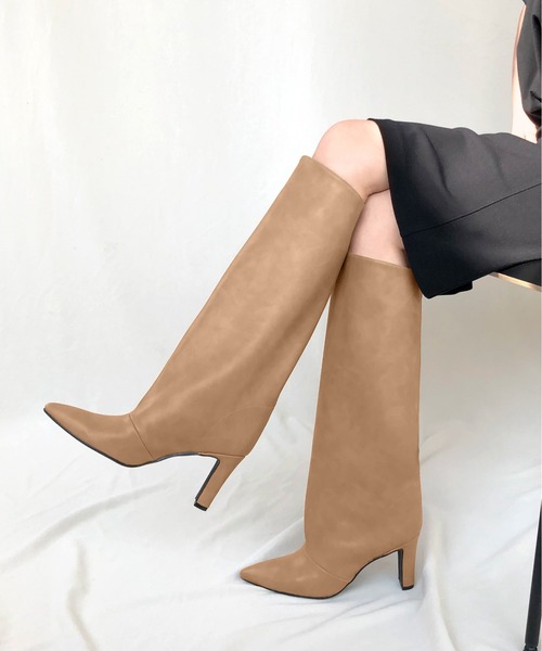 セール】ポインテッドトゥ ワイドシャフト ロングブーツ (8.0cmヒール
