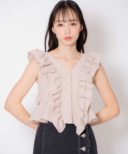 NOELA(ノエラ)の「クロップドフリルブラウス(シャツ/ブラウス・レディース・ピンク/オフホワイト・フリー)」の1枚目の写真