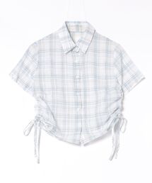 AsheKsha（アシクシャ）の「脇にギャザーが入ったウエスト絞りショート丈シフォンチェックシャツ（Tシャツ/カットソー）」