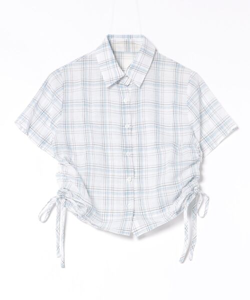 AsheKsha(アシクシャ)の「脇にギャザーが入ったウエスト絞りショート丈シフォンチェックシャツ(Tシャツ/カットソー・レディース・ブラック/ダークグレー/ホワイト・S/M)」の2枚目の写真