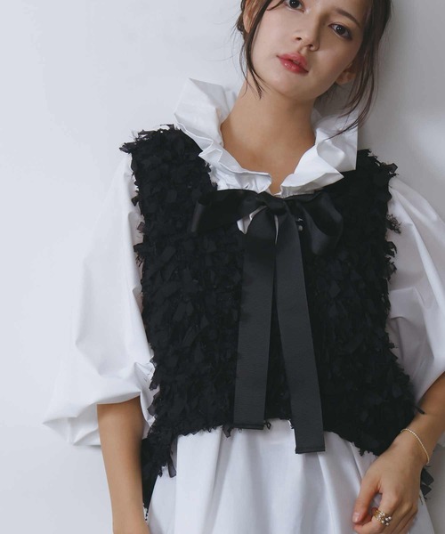 PICCIN（ピッチン）の「リボンチュールベスト（ベスト・レディース・オフホワイト/ブラック・M）」の2枚目の写真