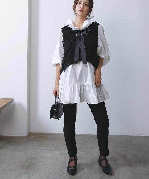 PICCIN（ピッチン）の「リボンチュールベスト（ベスト・レディース・オフホワイト/ブラック・M）」の5枚目の写真