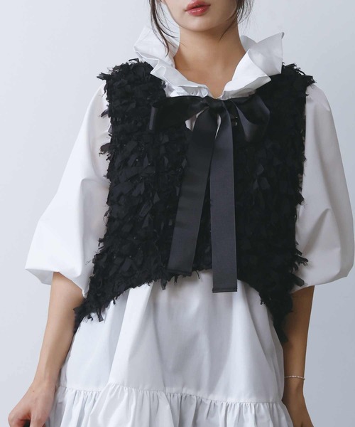 PICCIN（ピッチン）の「リボンチュールベスト（ベスト・レディース・オフホワイト/ブラック・M）」の6枚目の写真