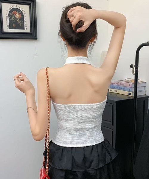 gossip!ロサンゼルス(ゴシップロサンゼルス)の「ツイード調 立体花飾り ハルターネックビスチェ コルセット風トップス レディース ノースリーブ 3 カラー(キャミソール・レディース・ホワイト/ブルー/ブラック・FREE)」の11枚目の写真