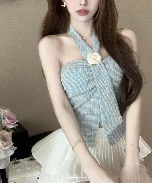 gossip!ロサンゼルス(ゴシップロサンゼルス)の「ツイード調 立体花飾り ハルターネックビスチェ コルセット風トップス レディース ノースリーブ 3 カラー(キャミソール・レディース・ホワイト/ブルー/ブラック・FREE)」の17枚目の写真
