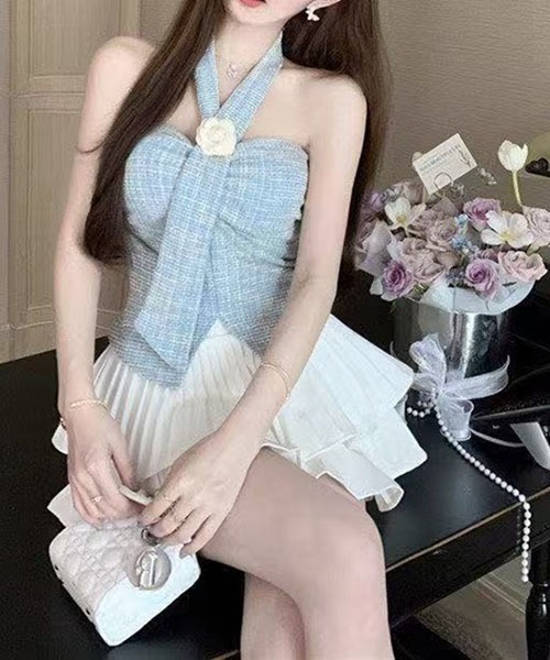 gossip!ロサンゼルス(ゴシップロサンゼルス)の「ツイード調 立体花飾り ハルターネックビスチェ コルセット風トップス レディース ノースリーブ 3 カラー(キャミソール・レディース・ホワイト/ブルー/ブラック・FREE)」の19枚目の写真