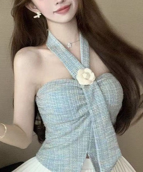 gossip!ロサンゼルス(ゴシップロサンゼルス)の「ツイード調 立体花飾り ハルターネックビスチェ コルセット風トップス レディース ノースリーブ 3 カラー(キャミソール・レディース・ホワイト/ブルー/ブラック・FREE)」の21枚目の写真