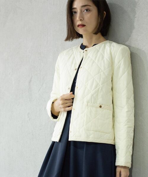 セール】撥水キルティングノーカラージャケット【洗濯機洗い可】（ノー