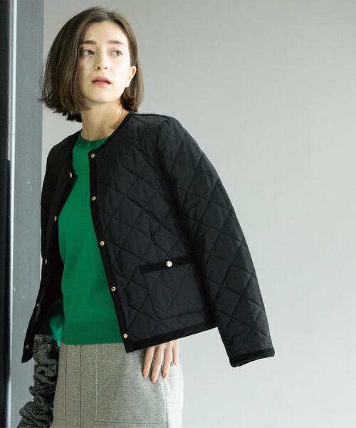 セール】撥水キルティングノーカラージャケット【洗濯機洗い可】（ノー