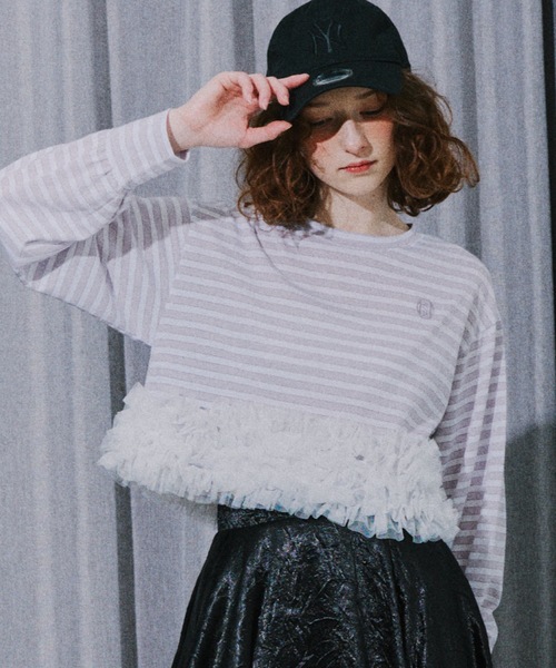 VIOLETTA（ヴィオレッタ）の「【HEIREN】フリルヘムボーダーロングTee（Tシャツ/カットソー・レディース・ピンク/ネイビー・FREE）」の2枚目の写真