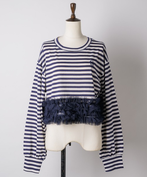 VIOLETTA（ヴィオレッタ）の「【HEIREN】フリルヘムボーダーロングTee（Tシャツ/カットソー・レディース・ピンク/ネイビー・FREE）」の11枚目の写真