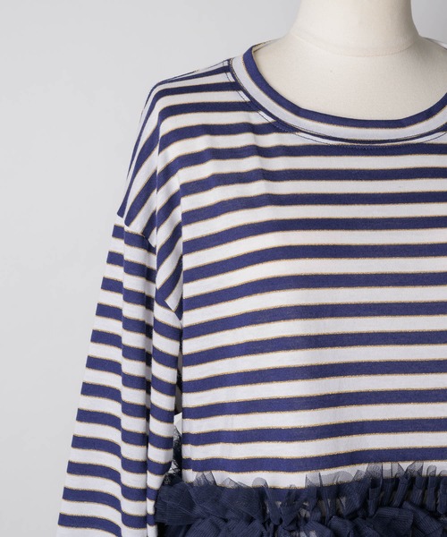 VIOLETTA（ヴィオレッタ）の「【HEIREN】フリルヘムボーダーロングTee（Tシャツ/カットソー・レディース・ピンク/ネイビー・FREE）」の4枚目の写真