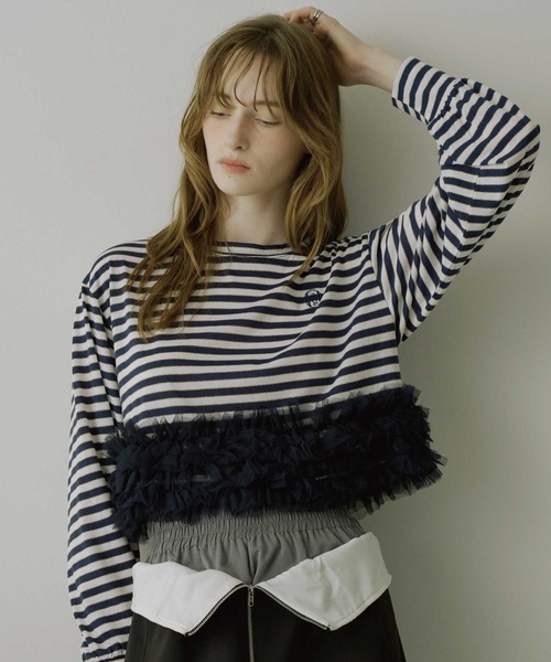 VIOLETTA（ヴィオレッタ）の「【HEIREN】フリルヘムボーダーロングTee（Tシャツ/カットソー・レディース・ピンク/ネイビー・FREE）」の20枚目の写真