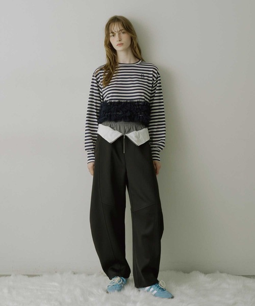 セール】【HEIREN】フリルヘムボーダーロングTee（Tシャツ