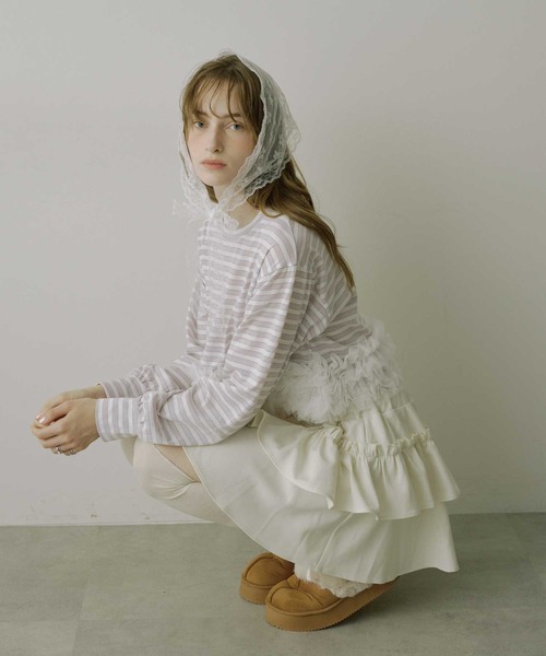 VIOLETTA（ヴィオレッタ）の「【HEIREN】フリルヘムボーダーロングTee（Tシャツ/カットソー・レディース・ピンク/ネイビー・FREE）」の16枚目の写真