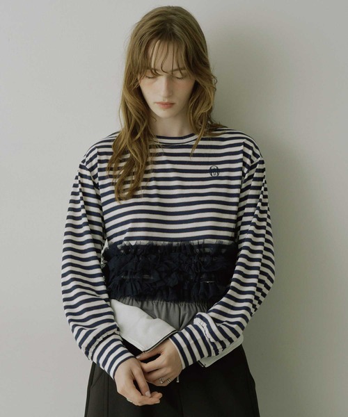 VIOLETTA（ヴィオレッタ）の「【HEIREN】フリルヘムボーダーロングTee（Tシャツ/カットソー・レディース・ピンク/ネイビー・FREE）」の22枚目の写真