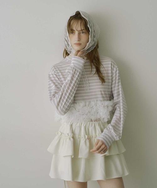 VIOLETTA（ヴィオレッタ）の「【HEIREN】フリルヘムボーダーロングTee（Tシャツ/カットソー・レディース・ピンク/ネイビー・FREE）」の15枚目の写真