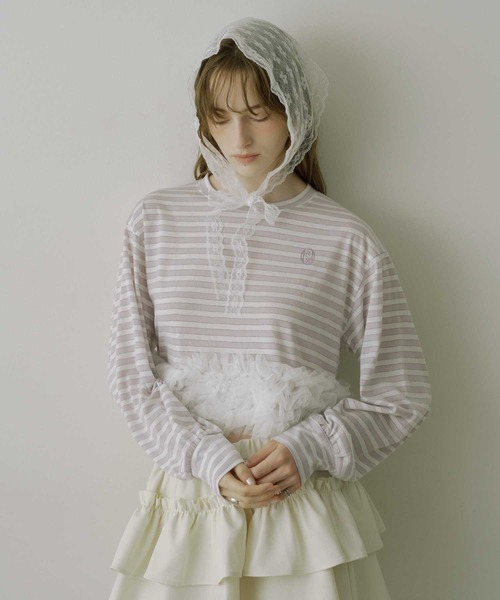 VIOLETTA（ヴィオレッタ）の「【HEIREN】フリルヘムボーダーロングTee（Tシャツ/カットソー・レディース・ピンク/ネイビー・FREE）」の6枚目の写真