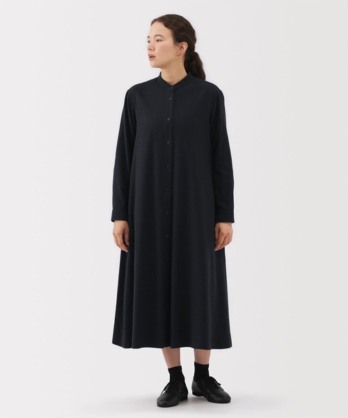 セール】婦人 両面起毛フランネルスタンドカラー長袖ワンピース