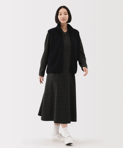 セール】婦人 両面起毛フランネルスタンドカラー長袖ワンピース