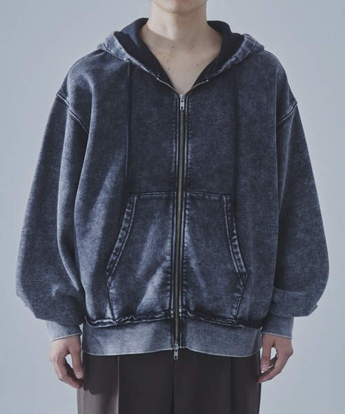 SLICK（スリック）の「【SLICK/スリック】Heavyweight Snow Wash Double Zip Parka/スノーウォッシュスウェットダブルジップパーカー / ヘビィーウェイト/セットアップ（パーカー・メンズ・ブラック/ライトグレー・1/2/3）」の7枚目の写真