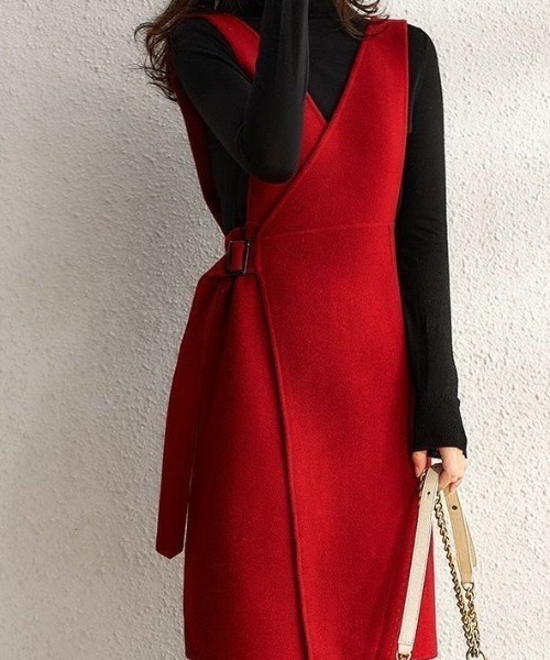 deux amour（ドゥーザムール）の「カシュクールウエストベルト切り替えジャンスカ（ジャンパースカート・レディース・ネイビー/レッド・FREE）」の5枚目の写真