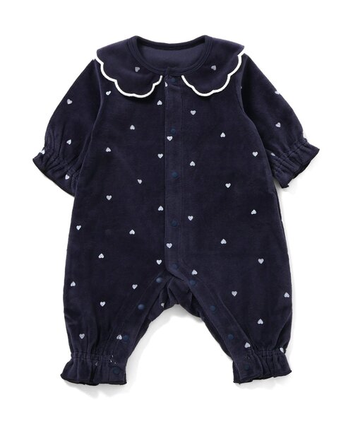 Ampersand（アンパサンド）の「【リンク】ハート柄ふんわりベロアカバーオール（ロンパース・キッズ・アイボリー/ネイビー・60/70/80）」の2枚目の写真