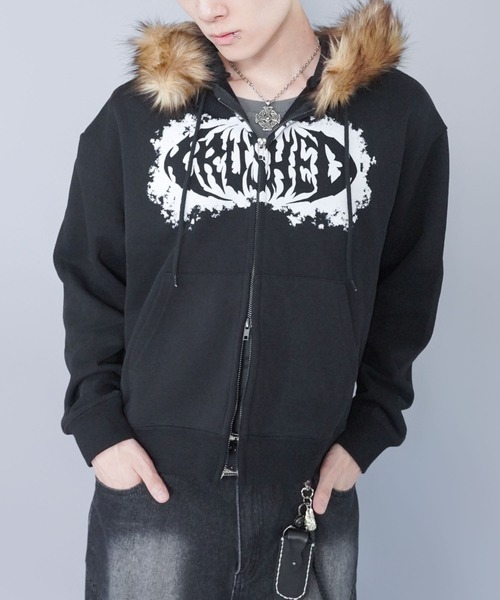 2WAY短丈ダブルジップパーカー/プリントロゴ/フェイクファー取り外し