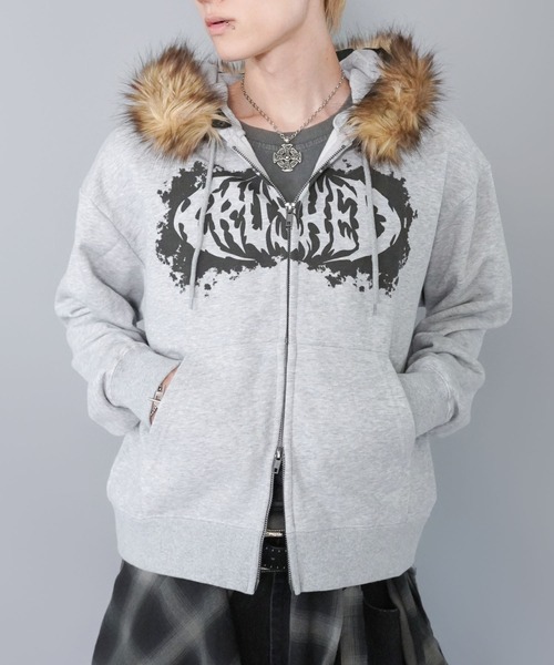 2WAY短丈ダブルジップパーカー/プリントロゴ/フェイクファー取り外し