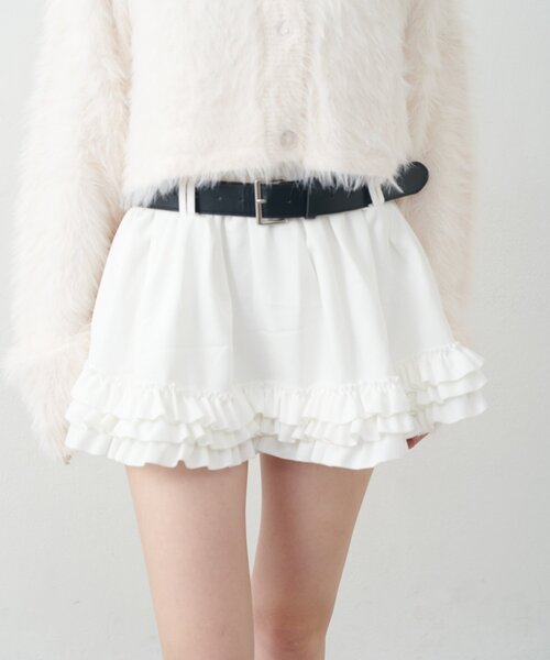 mline（エムライン）の「[mline]ベルト付き フリルティアードミニスカ（スカート・レディース・チャコールグレー/ブラウン/オフホワイト・SMALL/MEDIUM）」の2枚目の写真