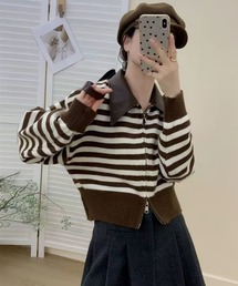 異素材切り替え ニットフェイクレザージッパー